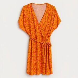 Nine West XL Orange Pink Floral Wrap Dress Belted Short Sleeve Stretch